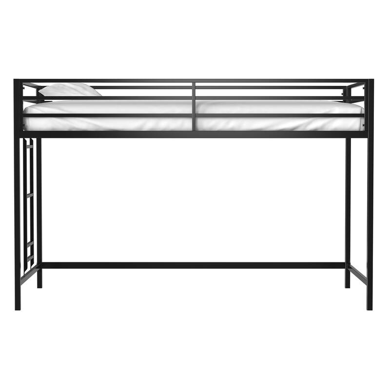 Space-Saving Junior Twin Loft Bed with Ladder & Guardrails for Kids - Black Metal Frame, No Box Spring Needed