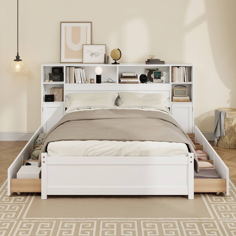 White Wooden Storage Bed with Tall Extended Bookcase Headboard and Charging Station for Teens Adults - Twin
