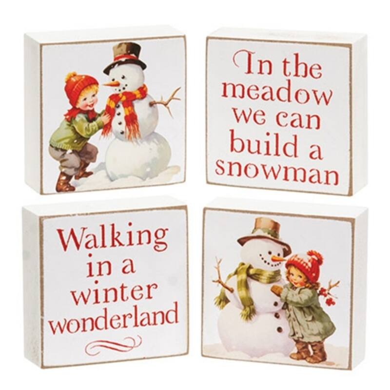 In the Meadow Snowman Square Blocks Holiday Accents - 4 Asstd. - 2" x 0.75" x 2" - White-Red