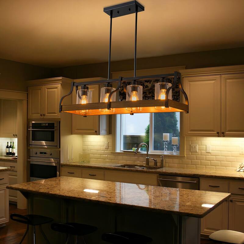 Starsky 4-Light Modern Farmhouse Black Chandelier Wooden Linear Kitchen Island Light
