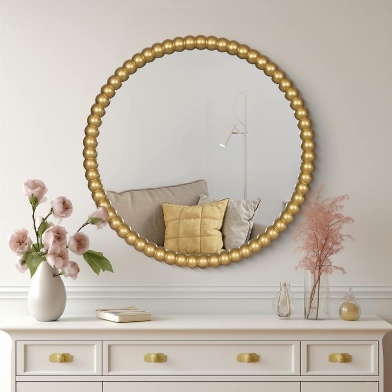 Antique Farmhouse Beaded Round Wall Mirror