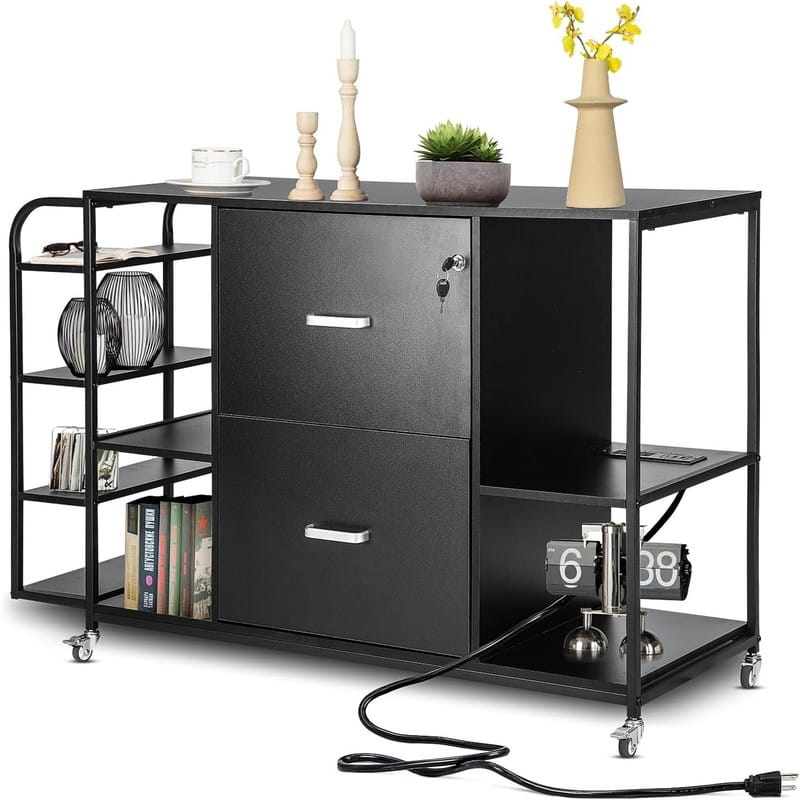 2 Drawer Mobile Filing Cabinet with Outlet - 15.75"D x 43.31"W x 29.53"H