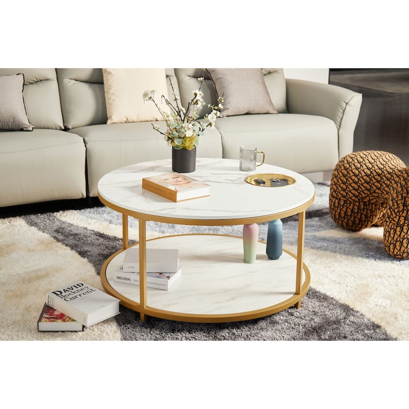 Round Coffee Table with Storage Tray and Lower Shelf Two Tier Modern Design