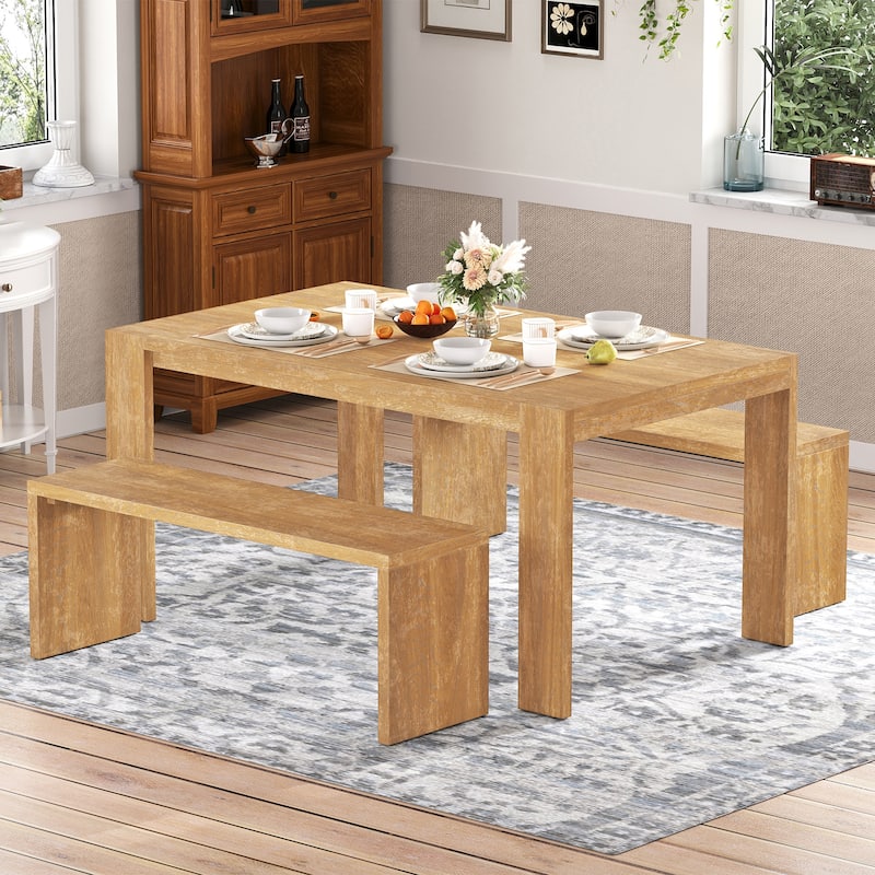 3-Piece Farmhouse Dining Set, Dining Table and 2 Benches - Natural