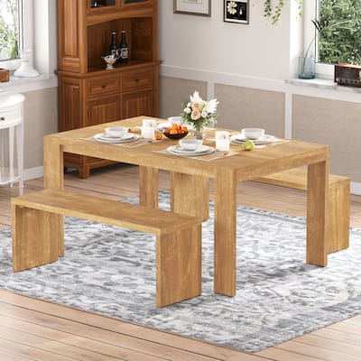 3-Piece Farmhouse Dining Set, Dining Table and 2 Benches
