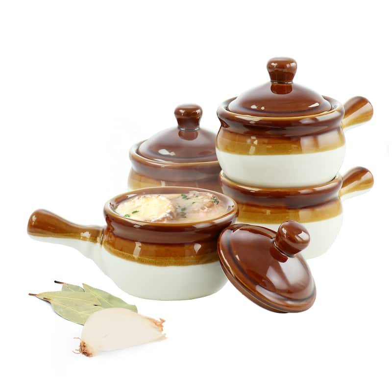 Elama 4 Piece Long Handle 15 Ounce French Onion Soup Bowl with Lid - 15 Ounce