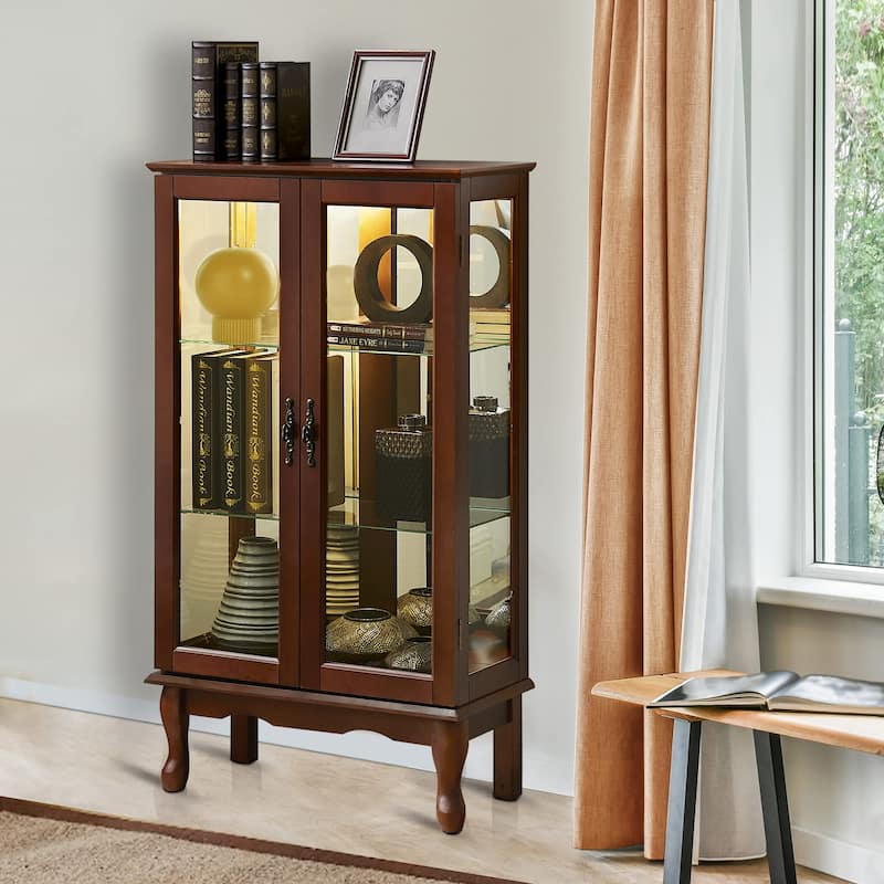 Lighted Curio Display Cabinet with Adjustable Shelves and Mirrored Back Panel