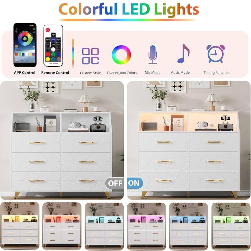 6 Drawer Dresser for Bedroom with LED Lights & Charging Station