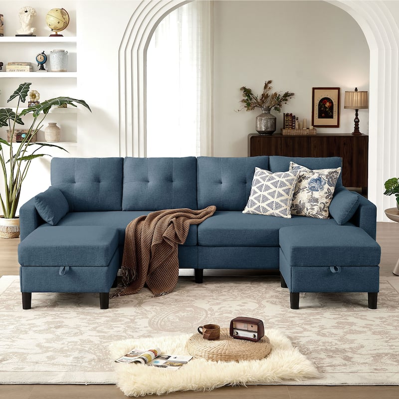 101" Sectional Sofa with Storage Ottoman - Blue - U Shaped