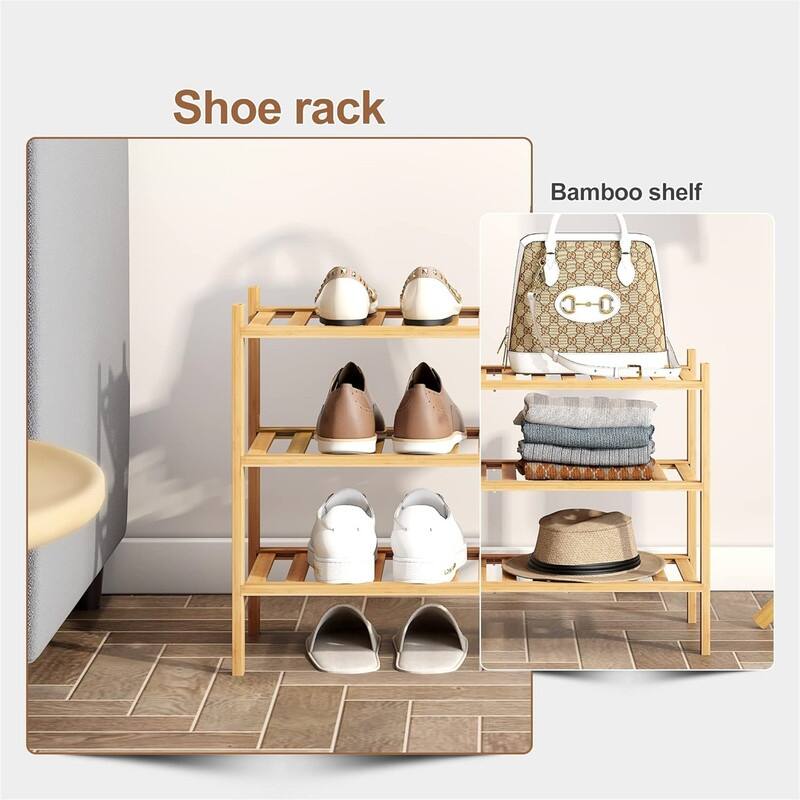 Bamboo Shoe Rack Stackable Shoe Shelf Storage Organizer for Unit Entryway - 11"D x 27"W x 18.3"H