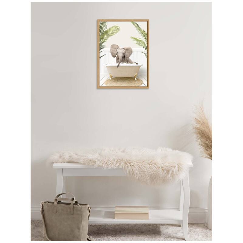 Kate and Laurel Sylvie Baby Elephant 3 in Palms Bathtub Framed Canvas by Amy Peterson