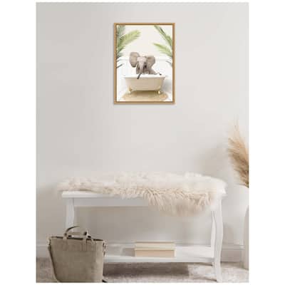 Kate and Laurel Sylvie Baby Elephant 3 in Palms Bathtub Framed Canvas by Amy Peterson