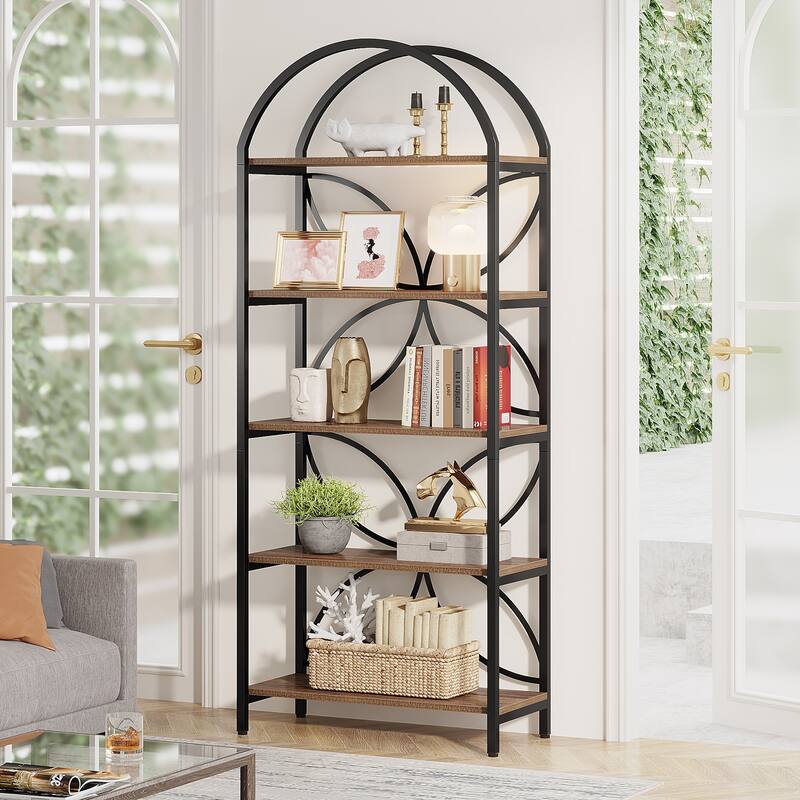 5-Tier Open Bookshelf, 75 Inch Arched Bookcase Shelf - Rustic Brown