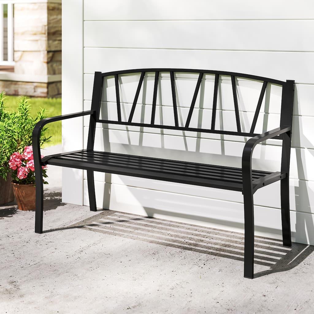 Gymax 50.5'' Patio Metal Bench w/ Curved Armrests & Minimalist