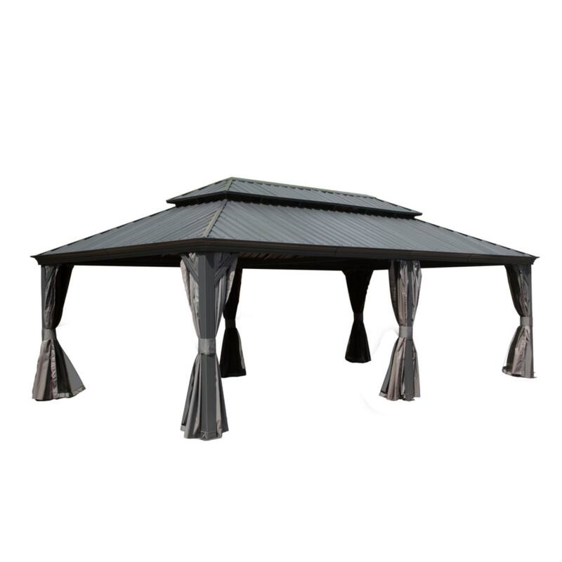 Outdoor Hardtop Gazebo with Galvanized Steel Roof, Aluminum Frame, Built-in Gutter, Curtains, and Netting for Patio, Deck - Grey