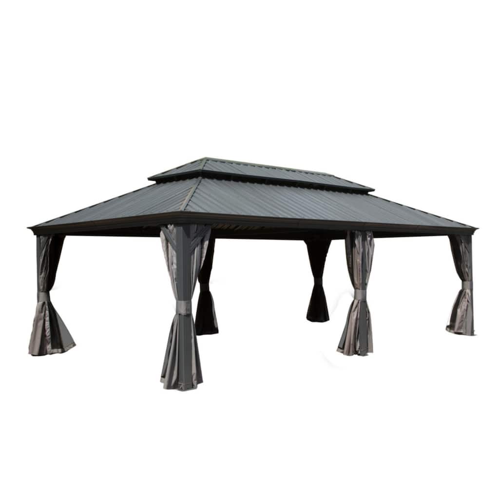 Outdoor Hardtop Gazebo with Galvanized Steel Roof, Aluminum Frame, Built-in Gutter, Curtains, and Netting for Patio, Deck