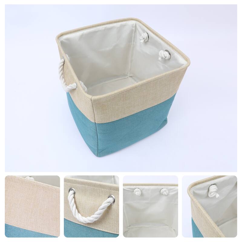 Square Fabric Collapsible Storage Basket Bin with Handle, Storage Cube for Shelves Closet Organizing Clothes Books - 13inch - Beige/Blue