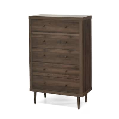 Minie Tall Dresser Chest, 5 Drawers, Rubberwood, Modern Walnut Brown