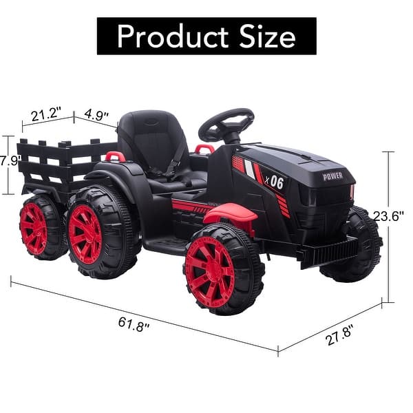 dimension image slide 1 of 2, 12V Kids Ride On Tractor with Trailer, Battery Powered Electric Vehicles Toy