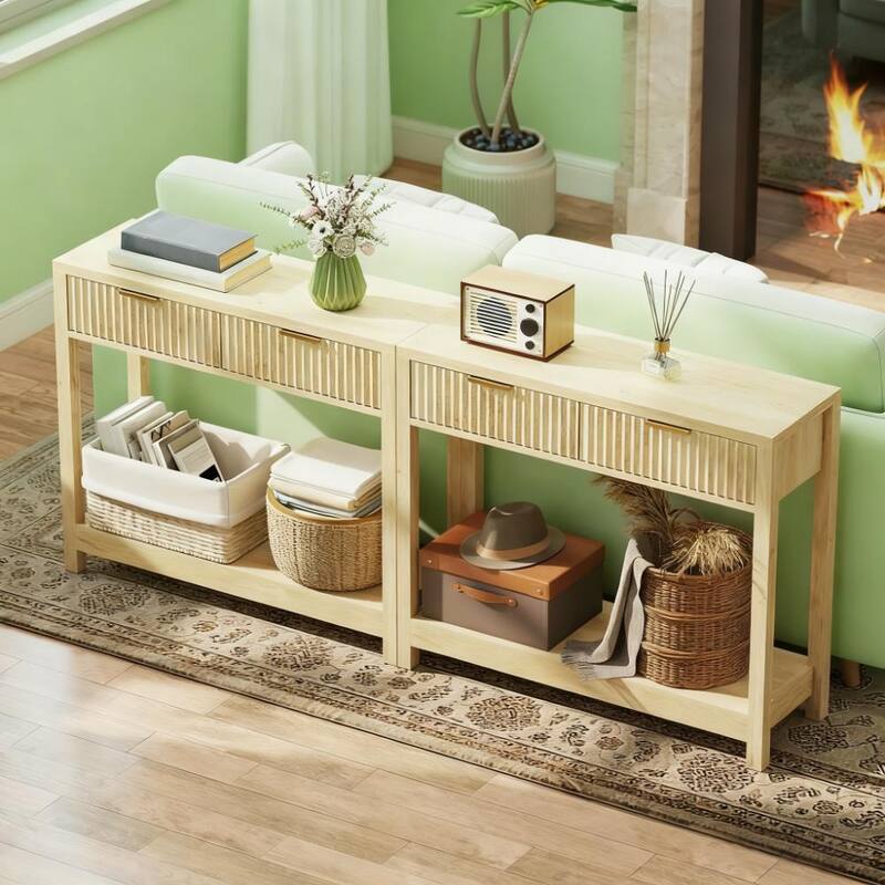 Narrow Console Table with 2 Drawers and Open Shelf Entryway Hallway Design