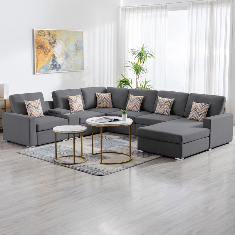 Linen Fabric 7 Piece U-Shaped Reversible Chaise Sectional Sofa with Storage Console Table and 6 Pillows