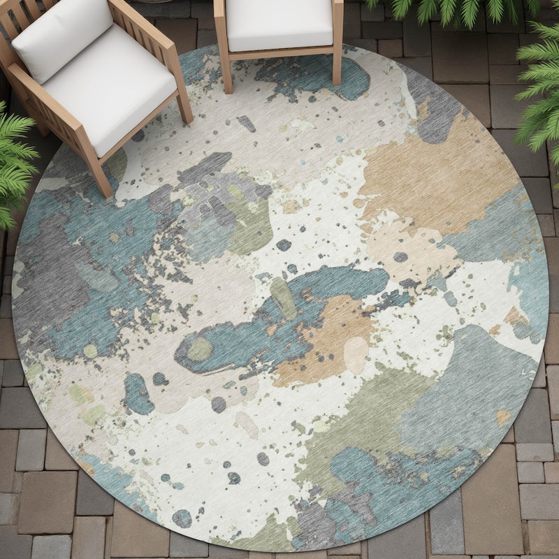 Machine Washable Indoor/Outdoor Modern Splatter Chantille Rug - Seafoam - 8' x 8'