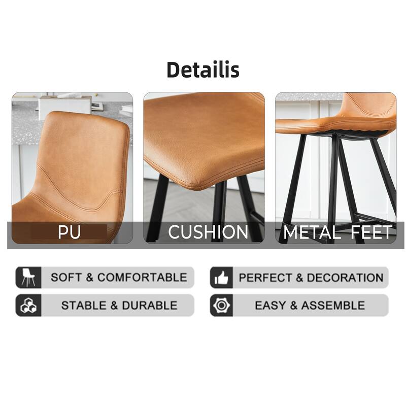 Rossetta 2-Piece Versatile Modern Style PU Bar Stool Set with Ergonomic Backrest and Reinforced Integrated Cross-Bar Footrest