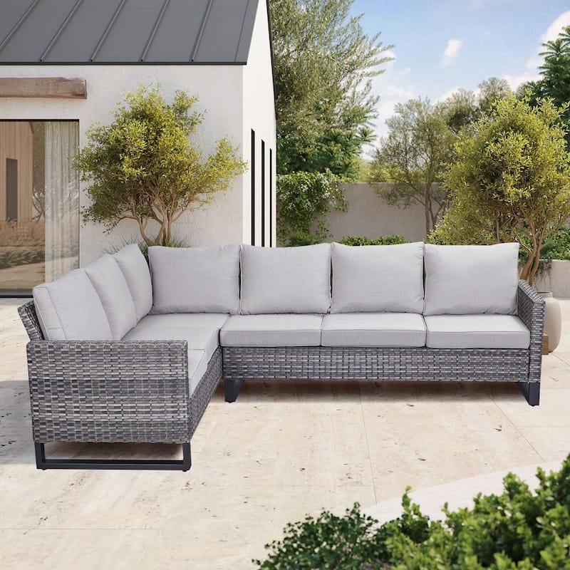 Gymojoy L-Shaped Outdoor Corner Sectional Sofa 6-seats Couch Conversation Set - 1 PC - Sectional Sofa - Grey Wicker / Grey Cusion