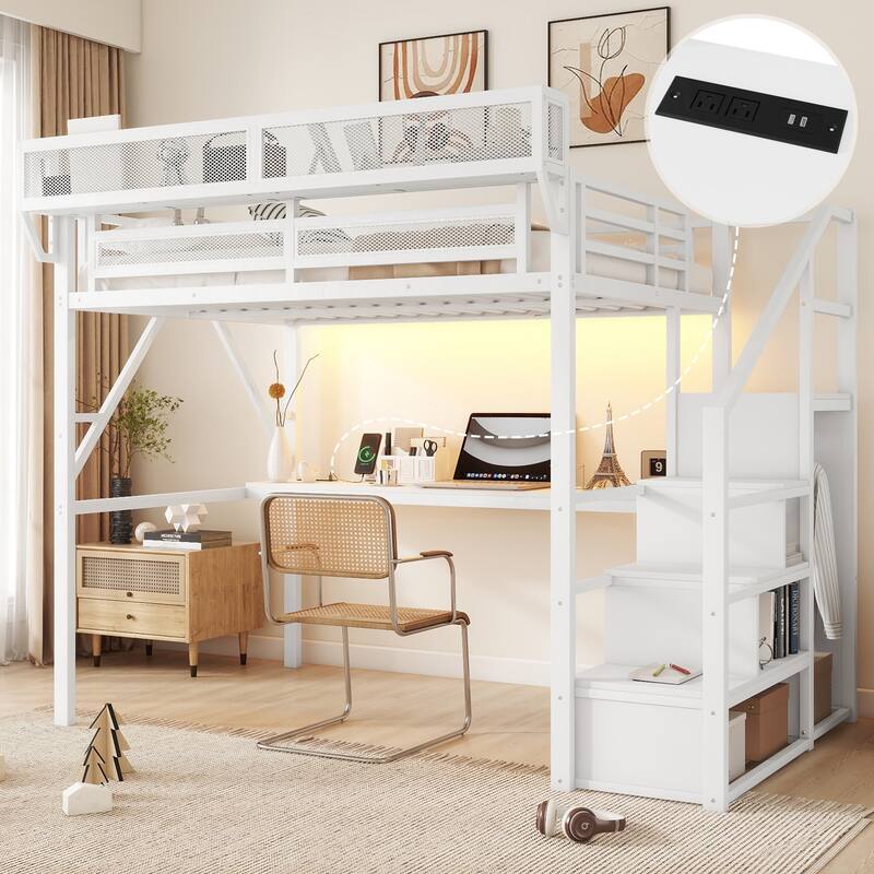 High Loft Bed Metal Bed Frame with Stairs Built-in Shelves and Wardrobe, Side Grid Rack, Light, Charging Station and Desk - White - Full