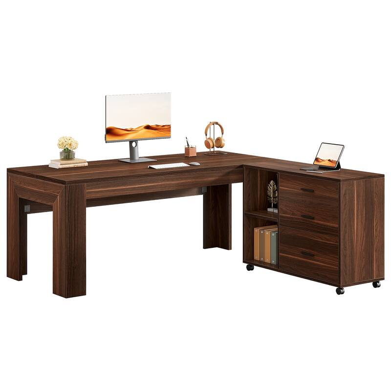 63" L Shaped Executive/Computer Desk/Table Mobile File Cabinet with Drawers/Shelves Home Office Business Furniture