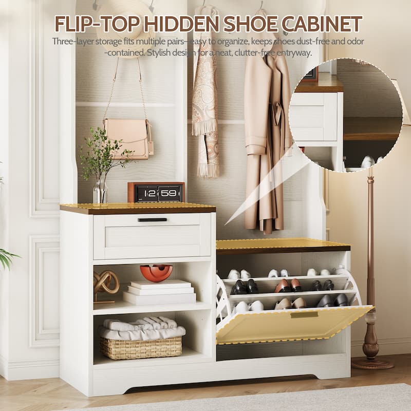 6 in 1 Hall Tree with Bench and Shoe Storage, Entryway Organizer with Flip Shoe Cabinet, Hooks and Drawer