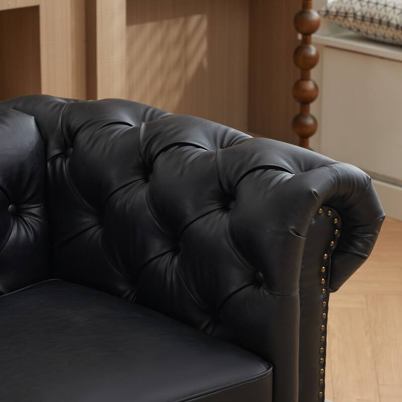 Vintage PU Button-Tufted Sofa Couch, Flared Arms, Rubberwood Legs & Nailhead Trim
