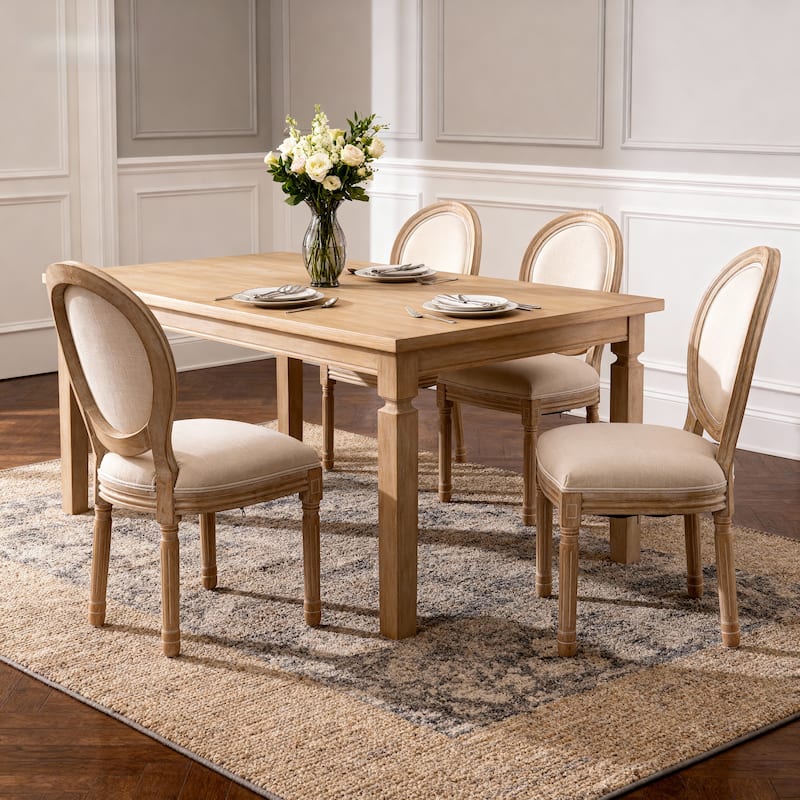 French Style Solid Wood Frame Linen Fabric Oval Back Dining Chair, Set of 2