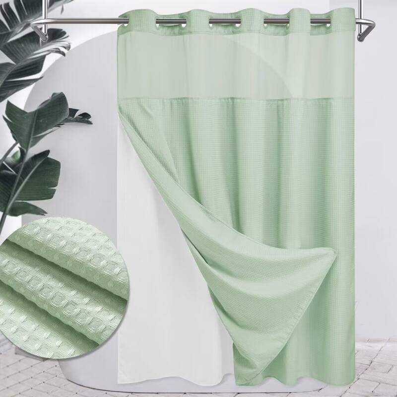 No Hook Waffle Weave Shower Curtain with Snap-in Liner - 71"Wx86"L - Green Light