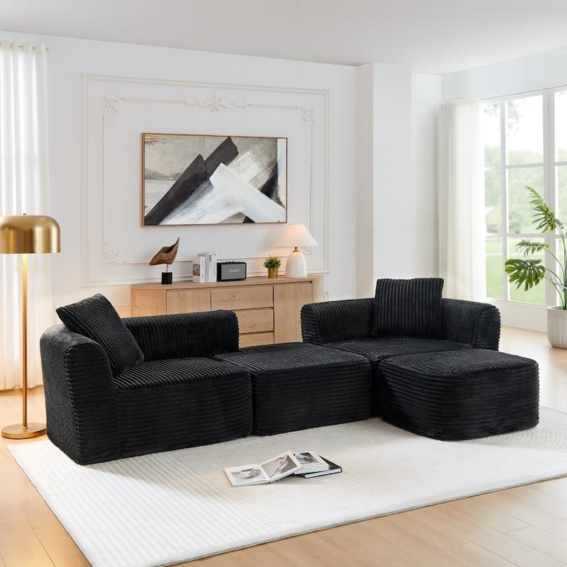 114" Modern Corduroy Modular Sofa with Movable Ottoman for Living Room - Black