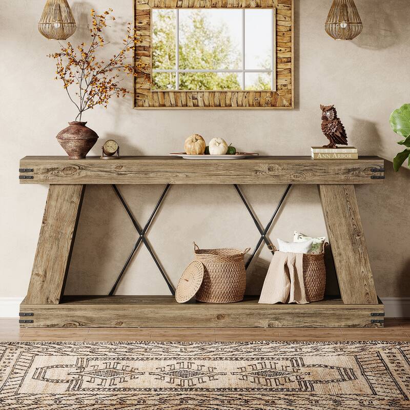 2-Tier Farmhouse Console Table, 70.9” Brown Entryway Table for Living Room - Large