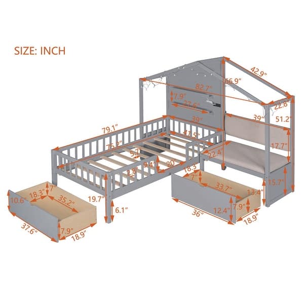 Grey Twin Size House Shape Bed with Upholstered Sofa, Charging Station, Wireless Charging, Shelves and Two Drawers