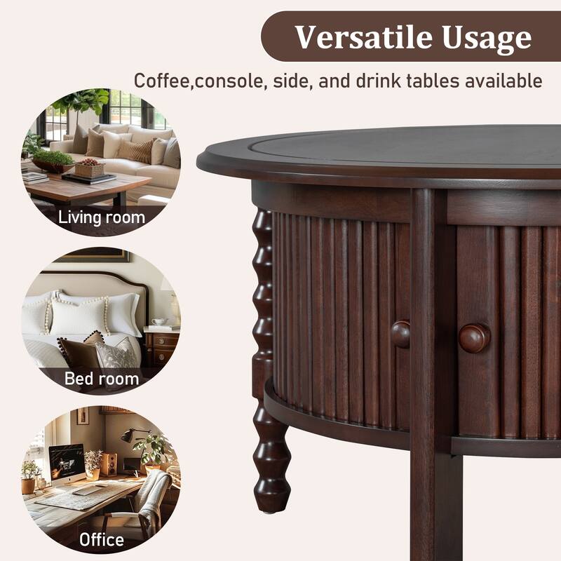 Round Slatted Coffee Table Accent Table with Storage Shelf, Modern Cocktail Table End Table with Sliding Door