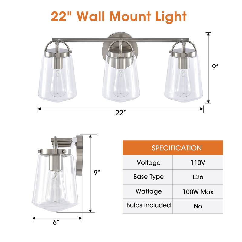 22" Modern 3-Light Glass Bathroom Vanity Wall Light Sconce