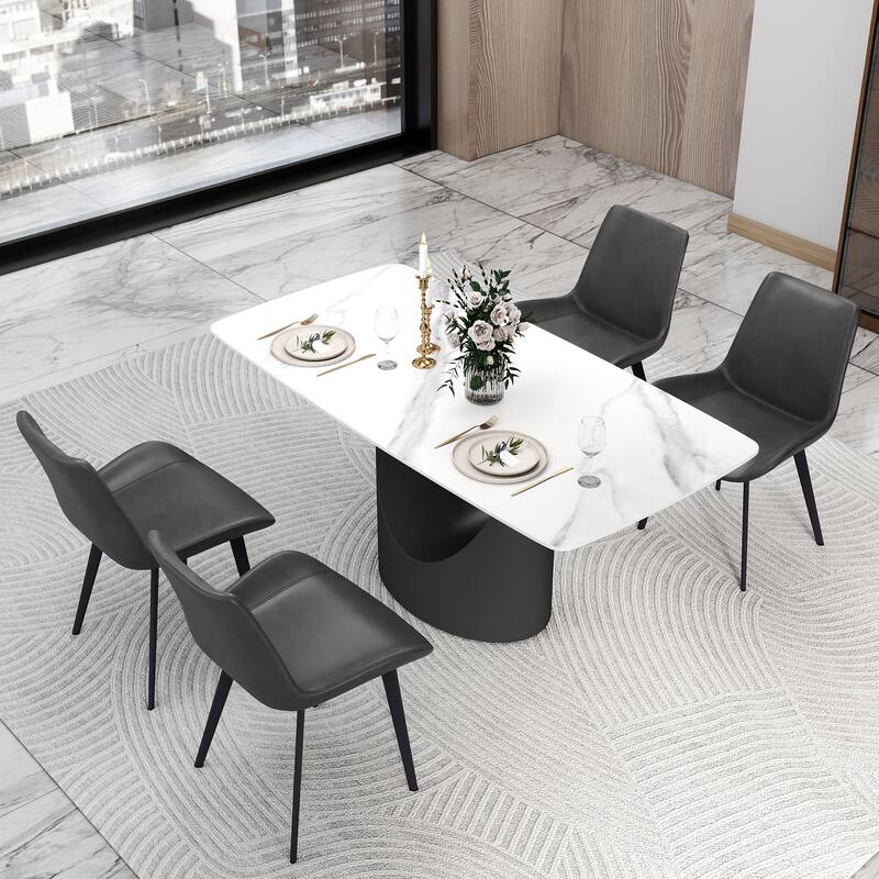63" Dining Table Set for 6, Sintered Stone Dining Table with Solid Carbon Steel Base for Kitchen Dining Room - White