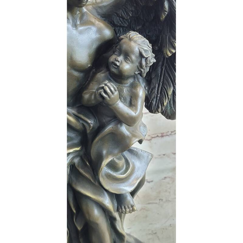 Signed Leonard Large Muscular Angel With A Child Bronze Marble Sculpture Statue