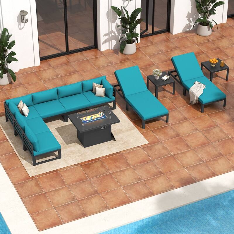 11-Piece Luxury Aluminum Outdoor Furniture Set with Chaise Lounge & Fire Pit Table, 29" Deep Seating Aluminum Patio Sectional