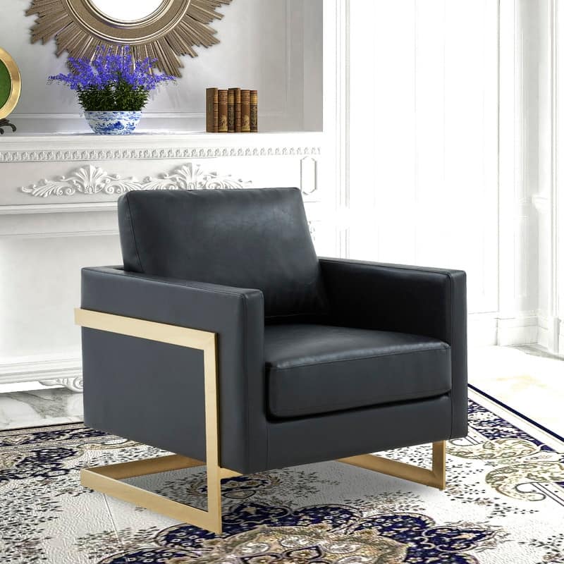 Lincoln Modern Single Seater Leather Boxy Design Accent Armchair With Gold Base Single Seater Sofa for Living Room and Bedroom