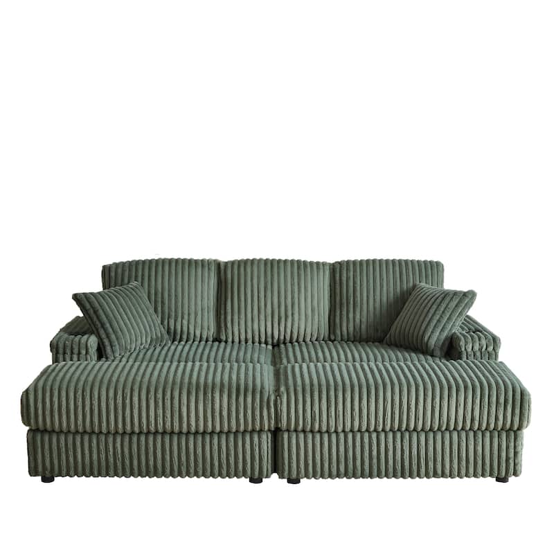Anmytek 84 Inch Corduroy 3-Seater Comfy Deep Seat Sofa for Living Room with Storage Cup Holders Ottomans and Pillows