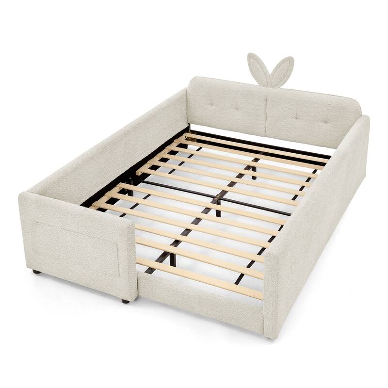 Full Size Upholstered Platform Bed with Bunny Ear Headboard, Safety Rail & Pocket