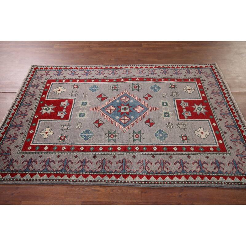 Hand Knotted Oriental 100% Wool Carpet Traditional Geometric Greys & Charcoal Kazak Area Rug - 6' 0'' X 4' 2''