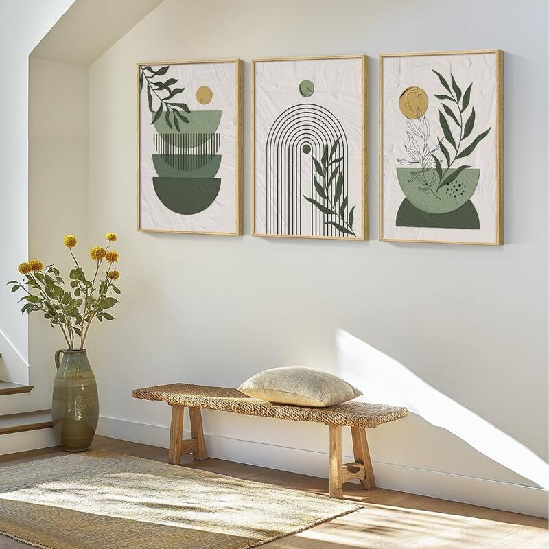 Framed Sage Green Large Boho Canvas Wall Art
