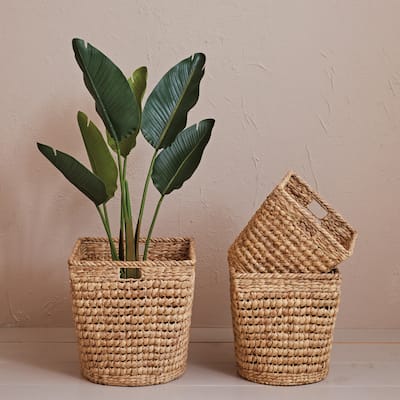 Hand-Woven Water Hyacinth and Metal Baskets, Set of 3 - 17.3"L x 17.3"W x 18.1"H
