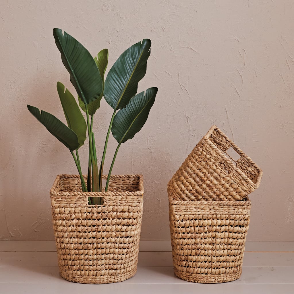 Hand-Woven Water Hyacinth and Metal Baskets, Set of 3 - 17.3"L x 17.3"W x 18.1"H