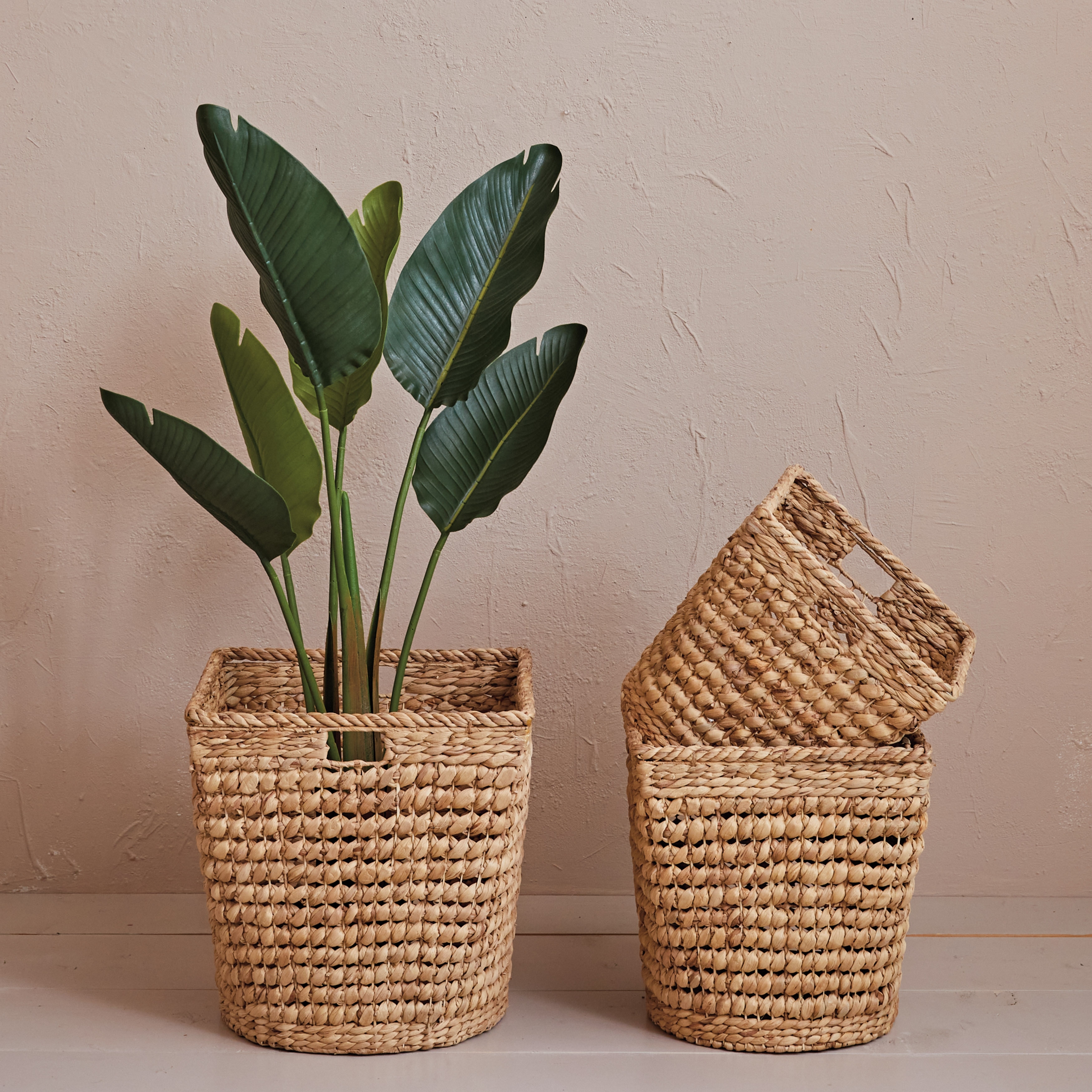 Hand-Woven Water Hyacinth and Metal Baskets, Set of 3 - 17.3"L x 17.3"W x 18.1"H